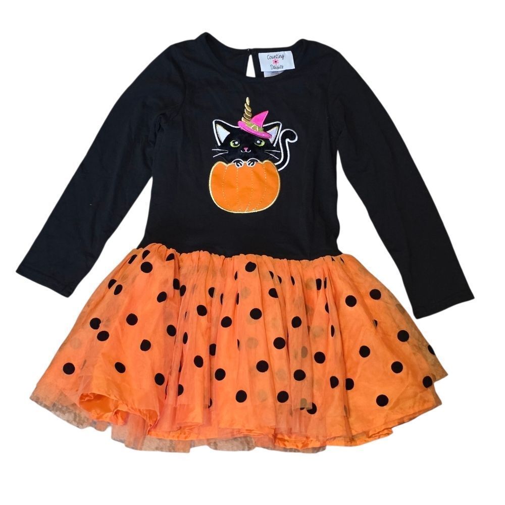 Halloween Cat Dress With Tulle Polka Dot Skirt- Black and Orange